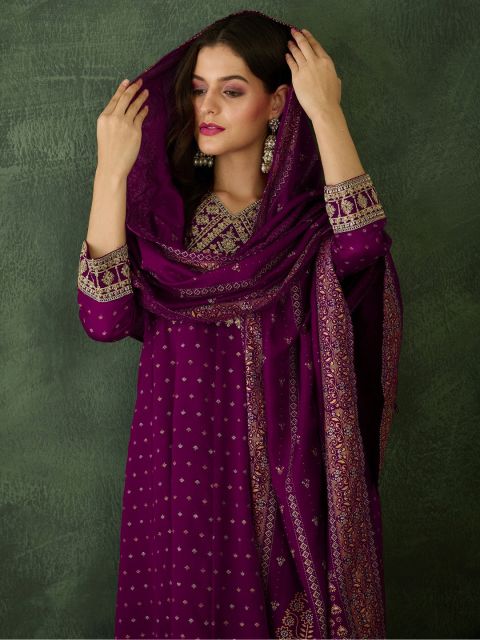 Wine Vichitra Silk Anarkali Kurta Set with Dupatta