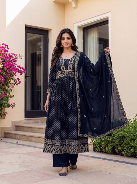 Women's Vichitra Silk Sequinned Embroidered Flared Navy Blue Kurta with Pant And Dupatta Sets