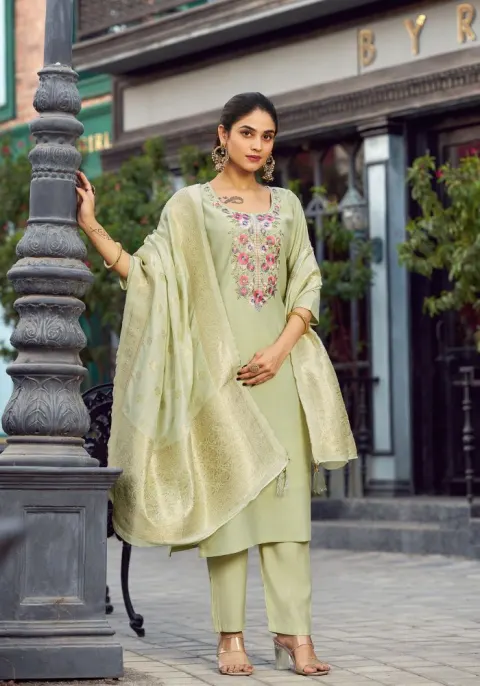 Pista Green Floral Embroidered Kurta Set with Dupatta