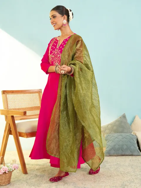 Gajari Hot Pink Silk Slub Embroidered Kurta Set with Dupatta