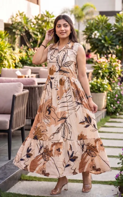 Olive Botanical Floral Printed Sleeveless Maxi Dress for Women
