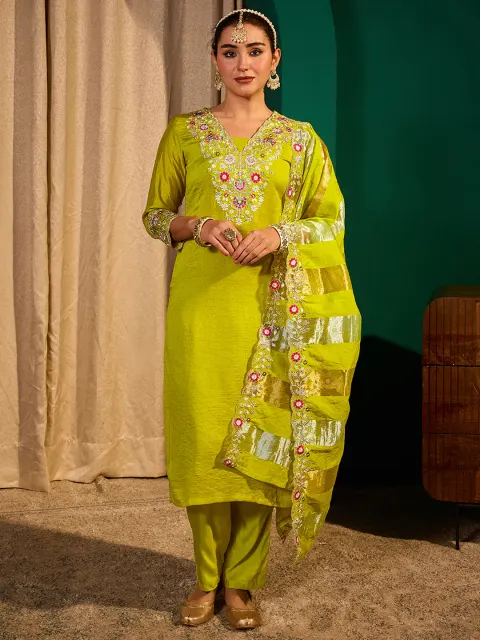 Lime Green Silk Blend Straight Kurta Set with Dupatta