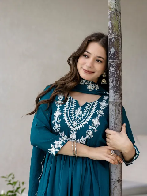 Women's Chinon with Cotton Lining Embroidered Flared Blue Kurta with Pant And Dupatta Sets