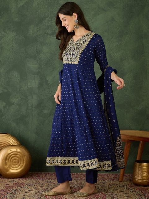 Navy Blue Vichitra Silk Anarkali Kurta Set with Dupatta
