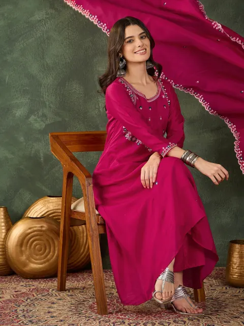 Women's Vichitra Silk Embroidered Straight Kurta with Pant And Dupatta Sets