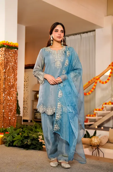 Sky Blue Shimmer Tissue Farshi Shalwar Suit