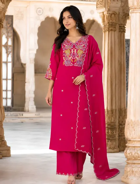 Pink Floral Embroidered Kurta Palazzo Set with Dupatta