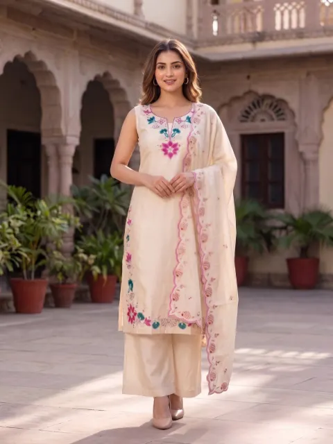 Cream Sleeveless Embroidered Kurta Palazzo Set with Dupatta